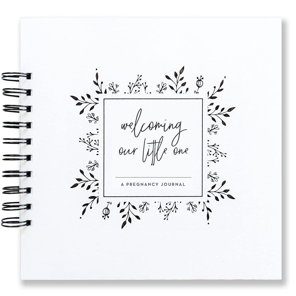 Nuts & Bolts Paper Co. pregnancy journal cover, sleek black-and-white design for timeless keepsakes.