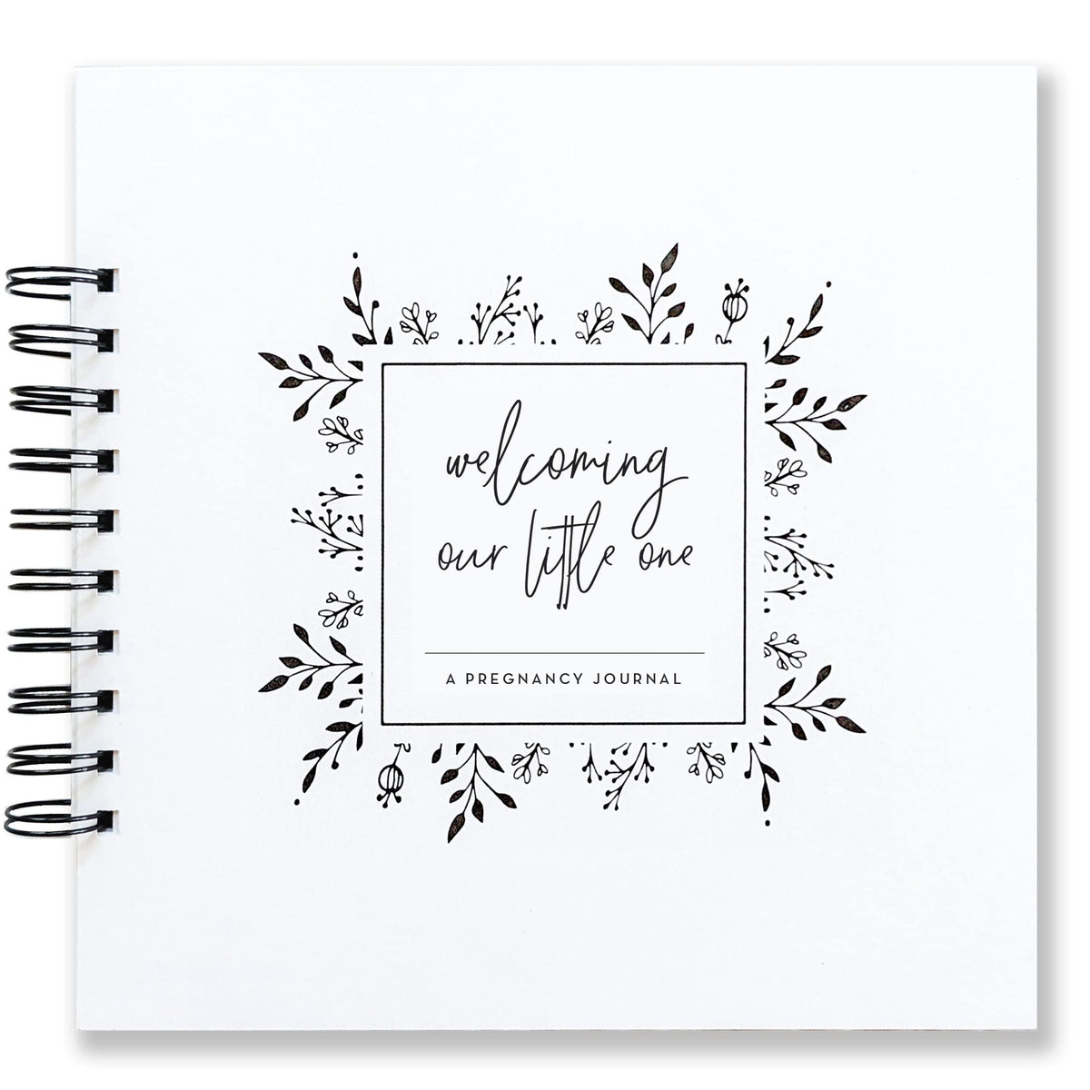 Nuts & Bolts Paper Co. pregnancy journal cover, sleek black-and-white design for timeless keepsakes.