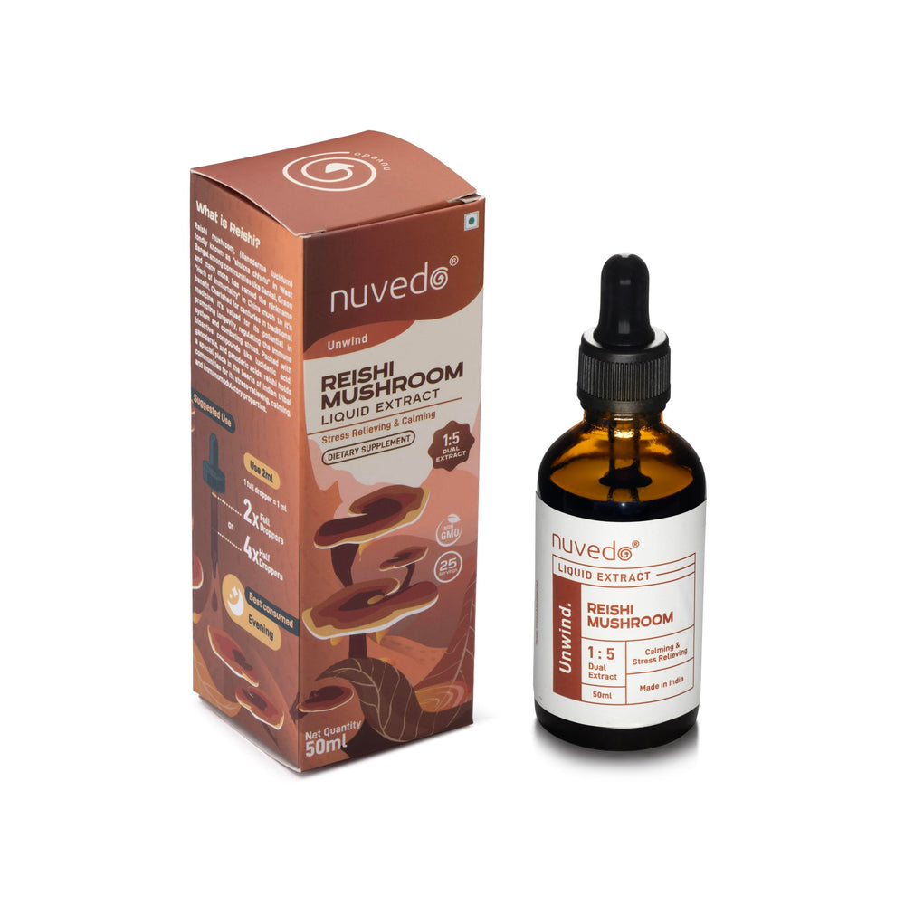 Nuvedo Reishi drops poured into a glass for quick calm moments