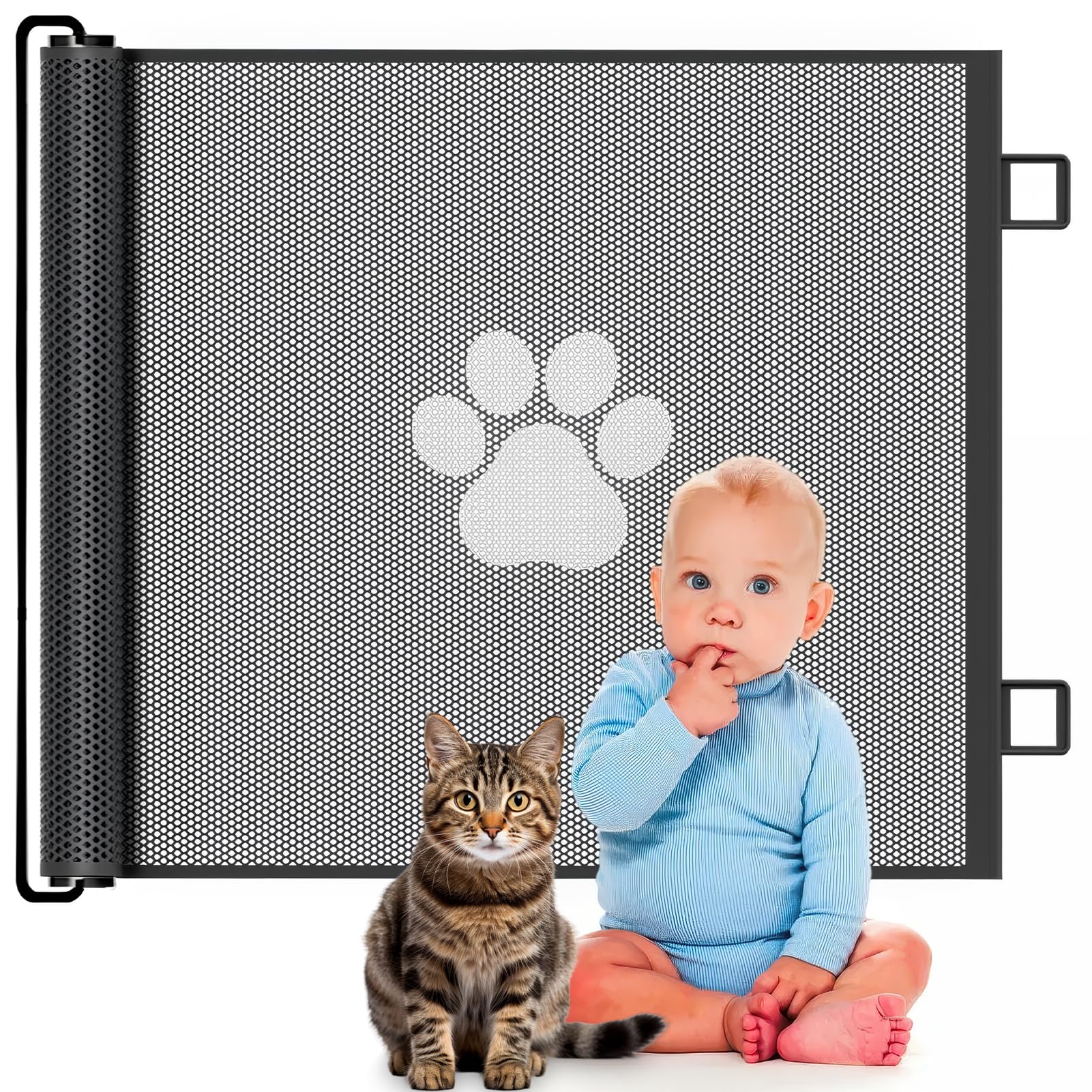 Nuvollo retractable mesh gate with 31-inch height for secure stair or doorway containment.