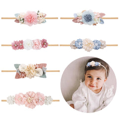 NUWAJP six-pack flower headbands in bright colors for newborns and toddlers.