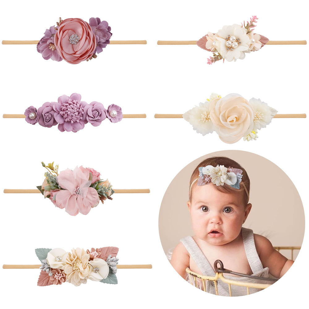 NUWAJP six-piece baby girl flower headband set in a gift-ready pink box.
