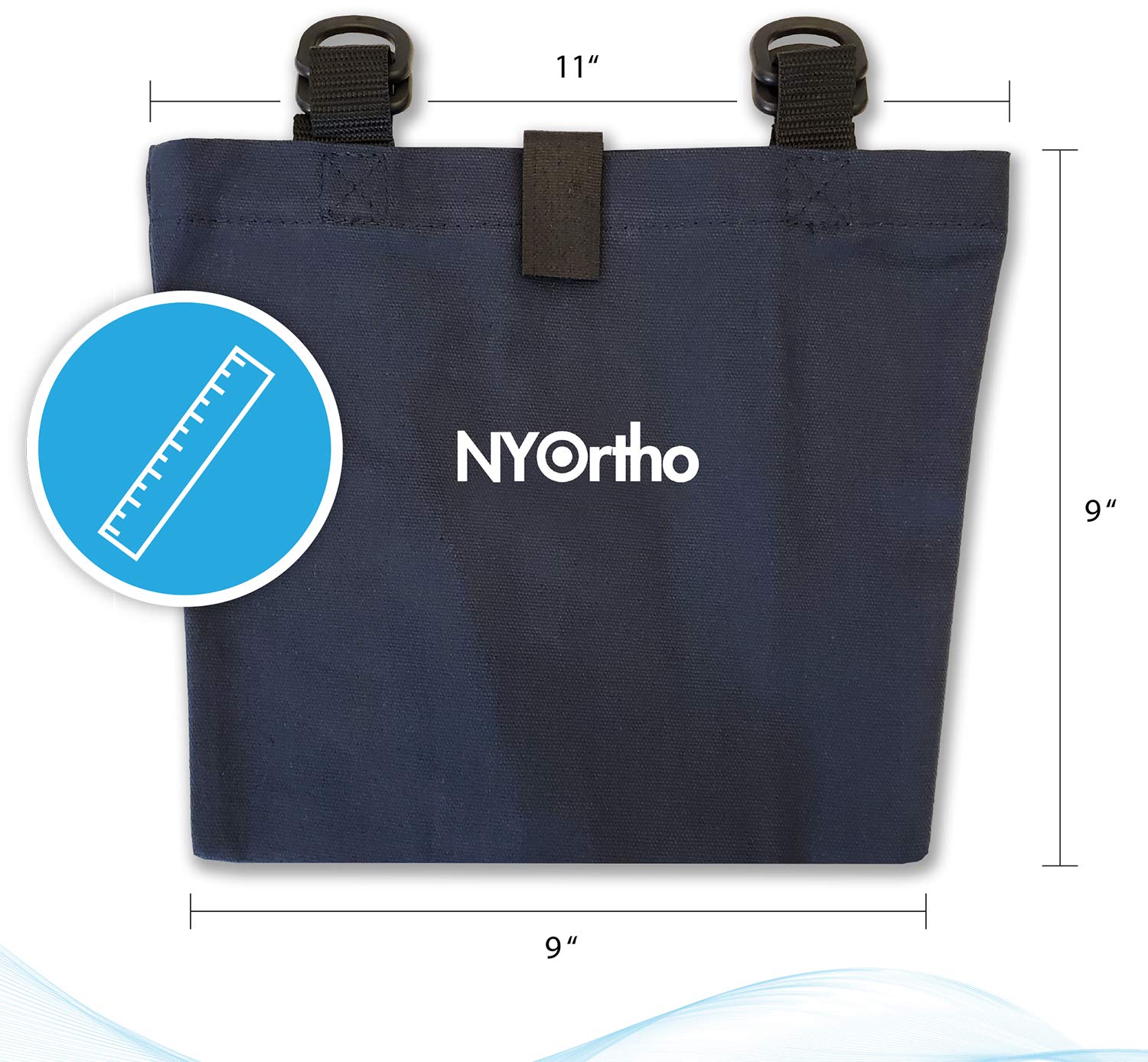 Close-up of NYOrtho Urine Drainage Bag Holder adjustable straps keep bags secure.