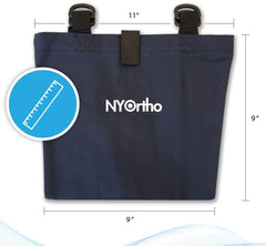 Close-up of NYOrtho Urine Drainage Bag Holder adjustable straps keep bags secure.