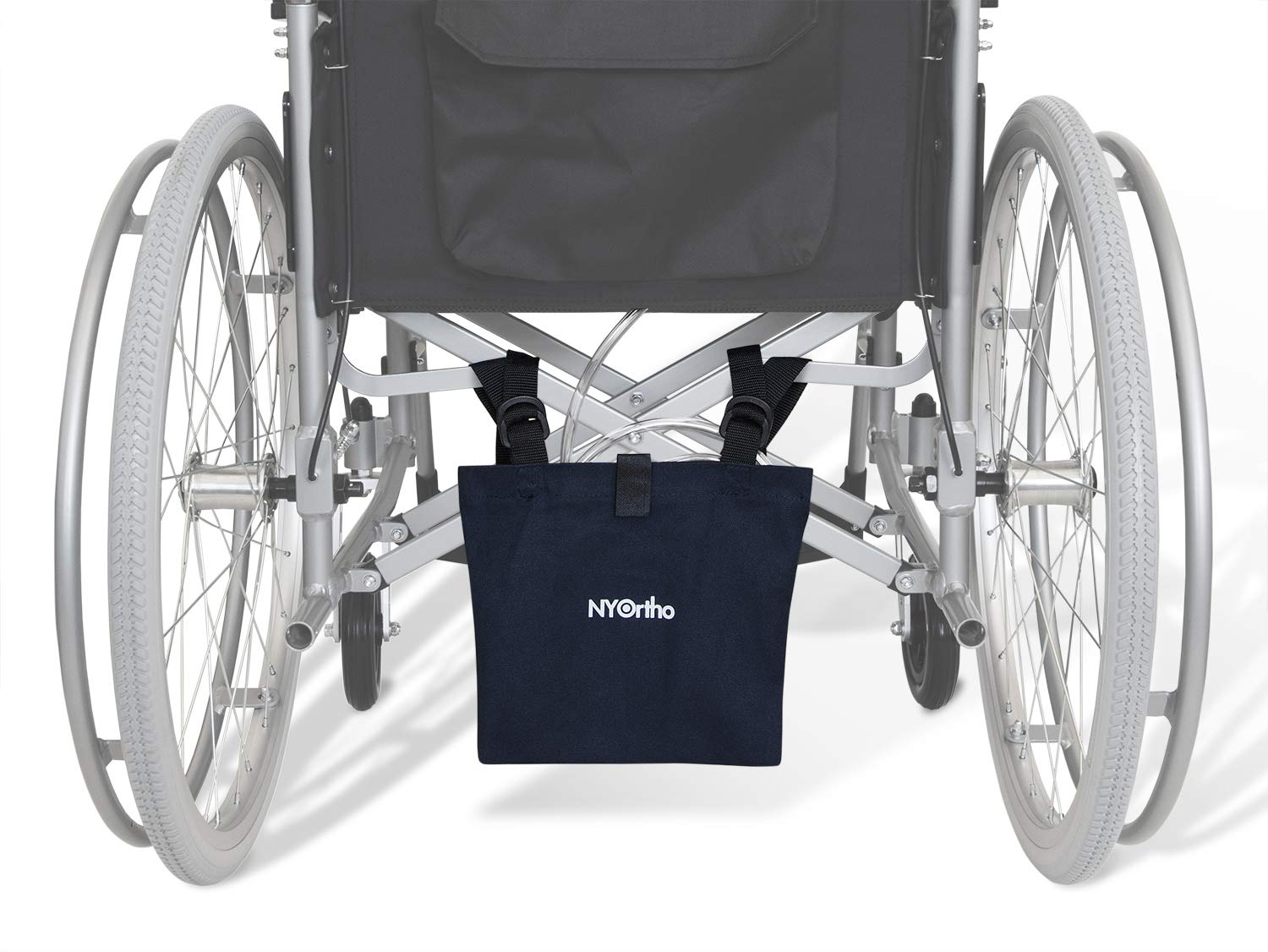 NYOrtho Urine Drainage Bag Holder on a wheelchair provides discreet bag concealment.