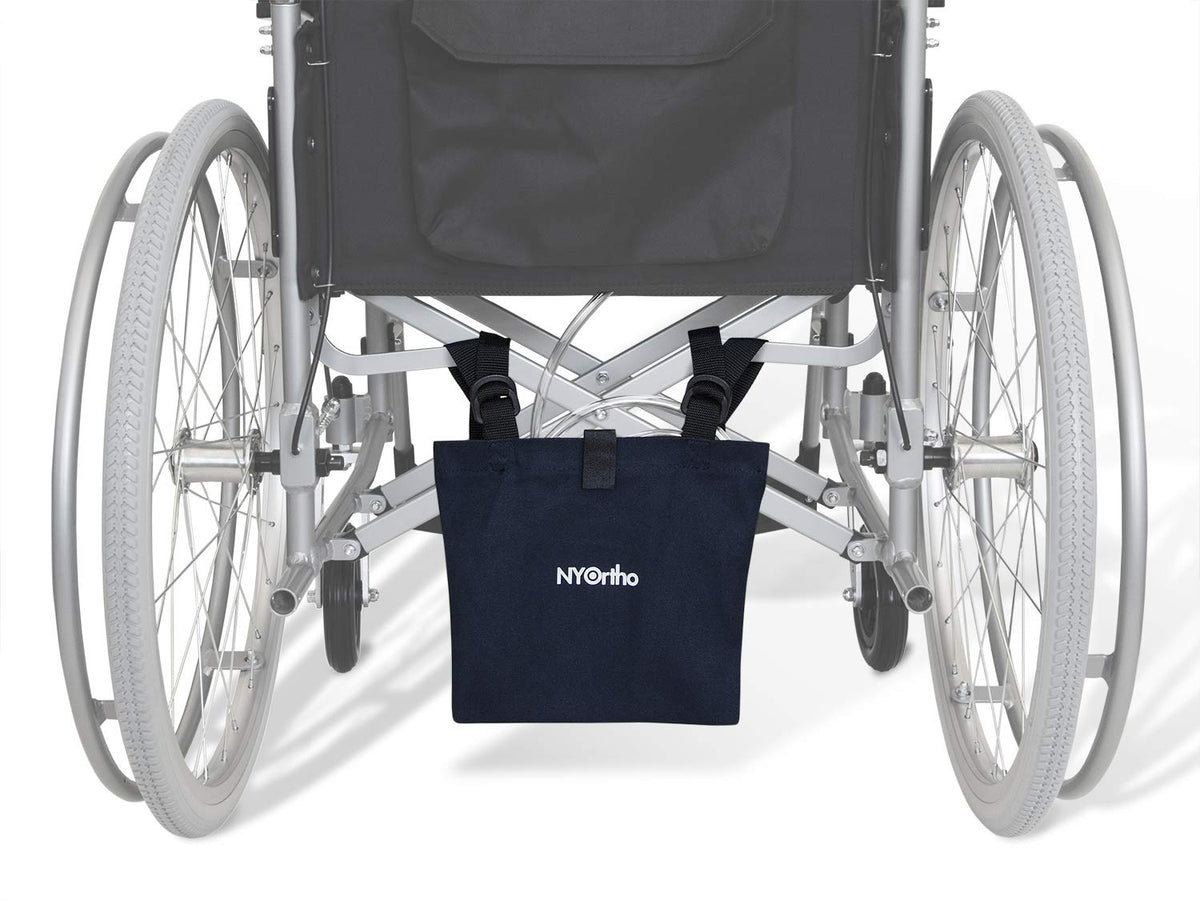 NYOrtho Urine Drainage Bag Holder on a wheelchair provides discreet bag concealment.