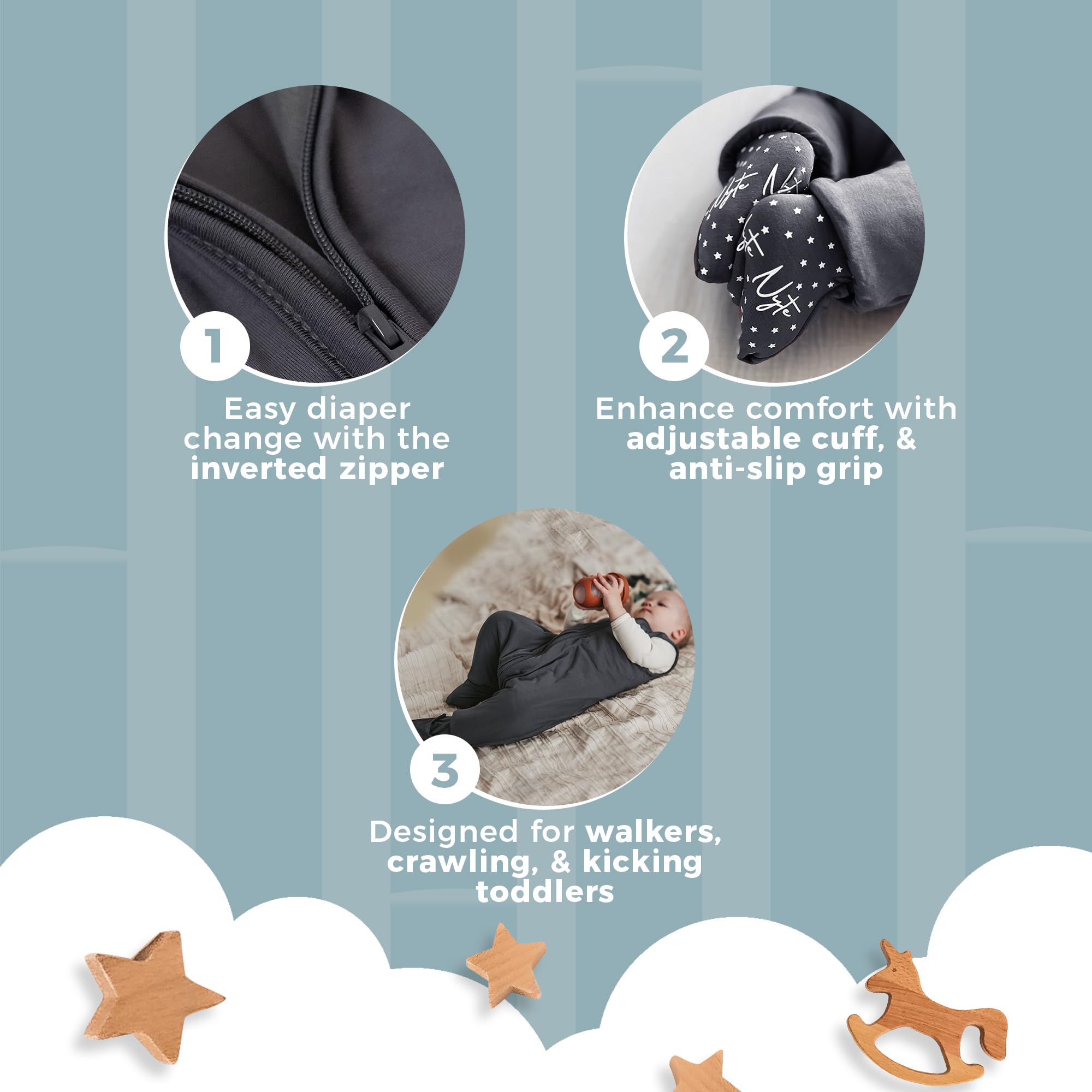 Nyte Nyte Baby sleepsack gray showing anti-slip grip for secure movement.