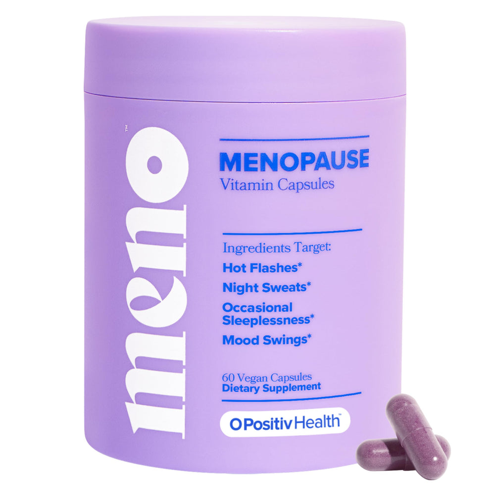 O Positiv MENO bottle front, compact package for on-the-go menopause support.