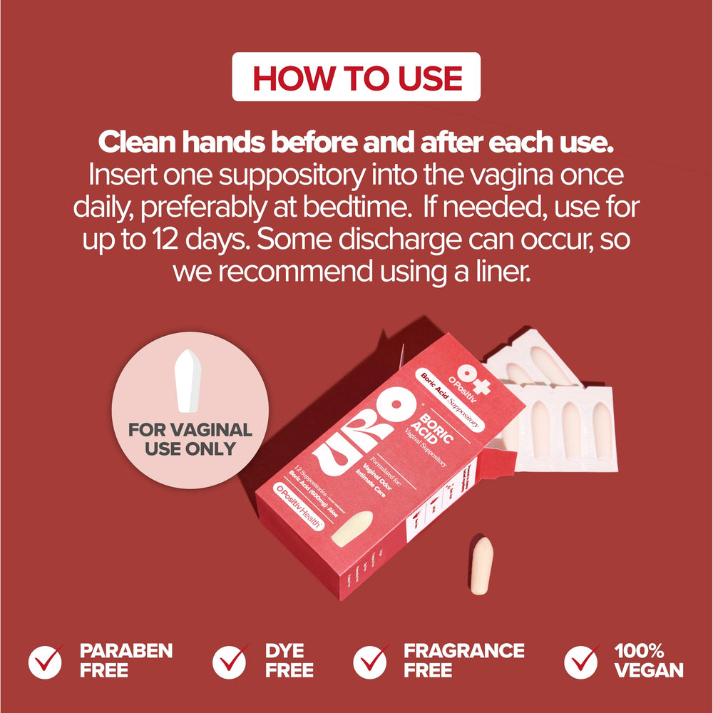 O Positiv URO boric acid vaginal suppository usage instructions shown clearly.