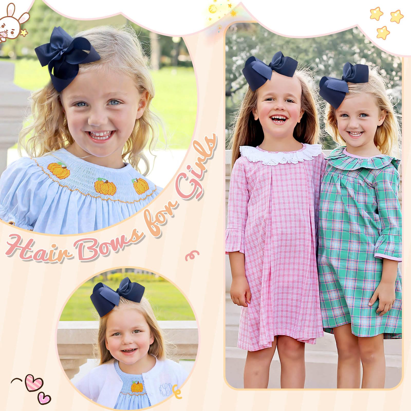 OAOLEER baby girl wearing navy barrettes in pigtails.