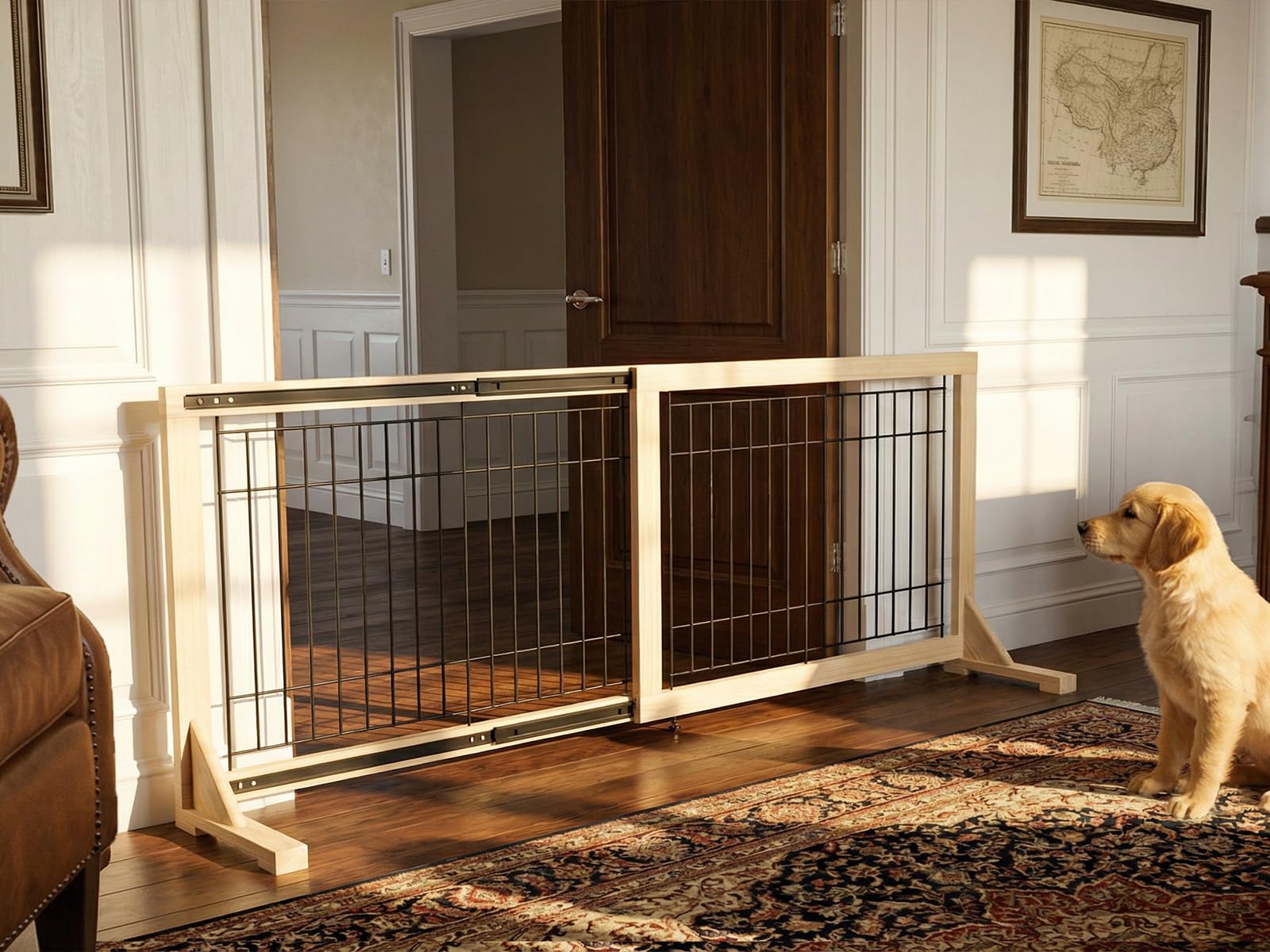 Oapety Dog Gate adjustable width for versatile doorway coverage.
