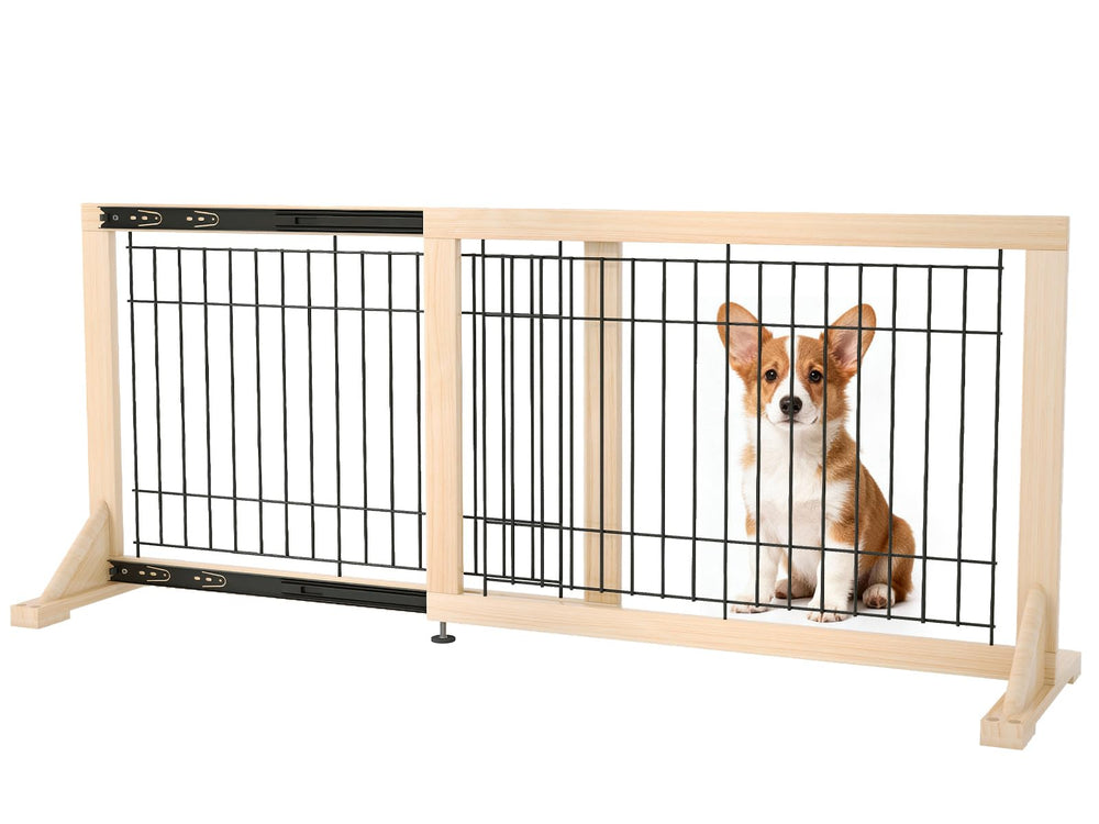 Oapety freestanding dog gate beside a doorway for safe containment.