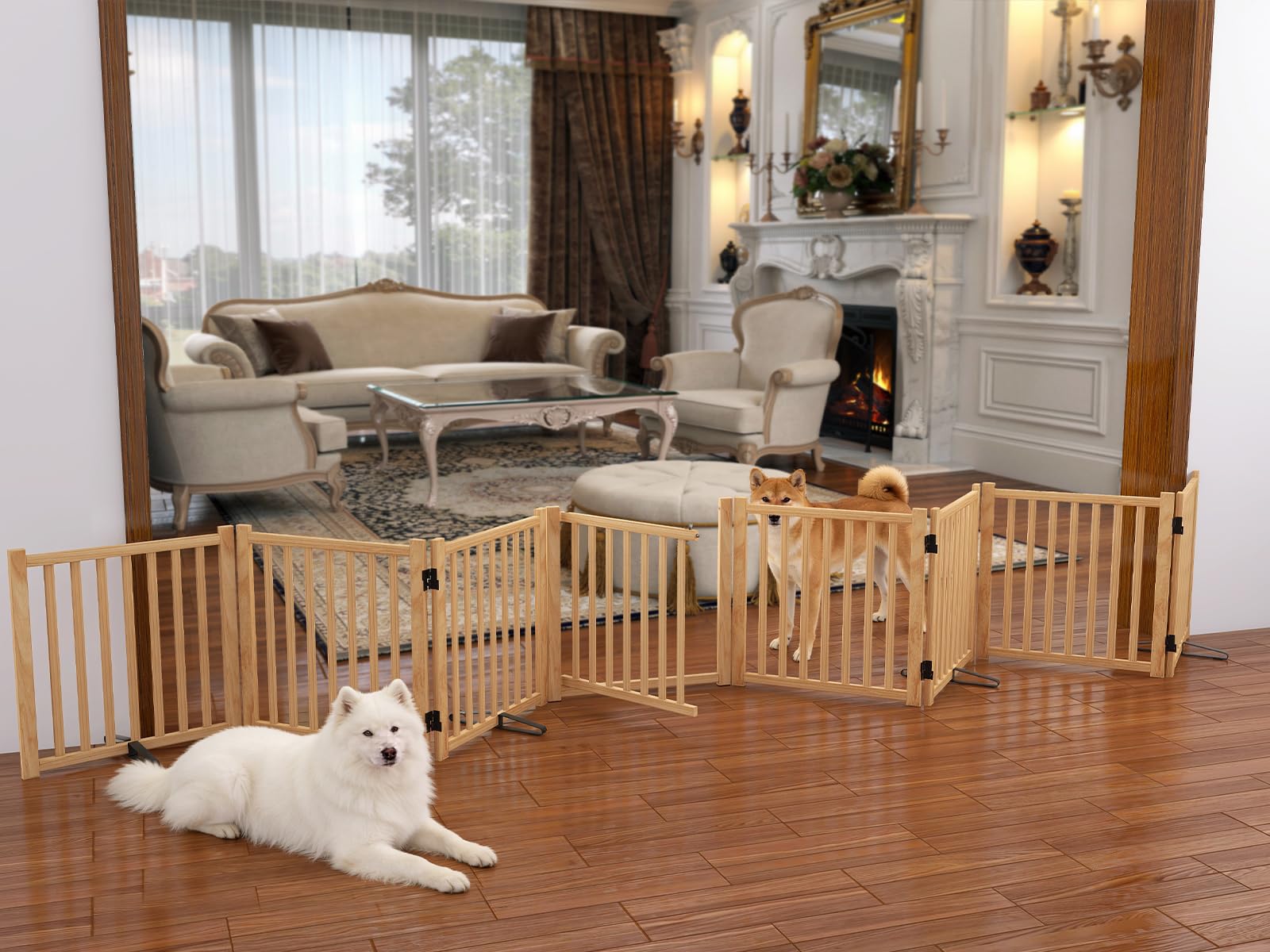 Oapety Wood Dog Gate in standalone no-drill setup, renters-friendly