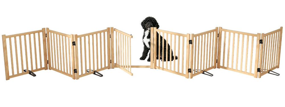 Oapety Wood Freestanding Gate with folding accordion design for versatile doorway use