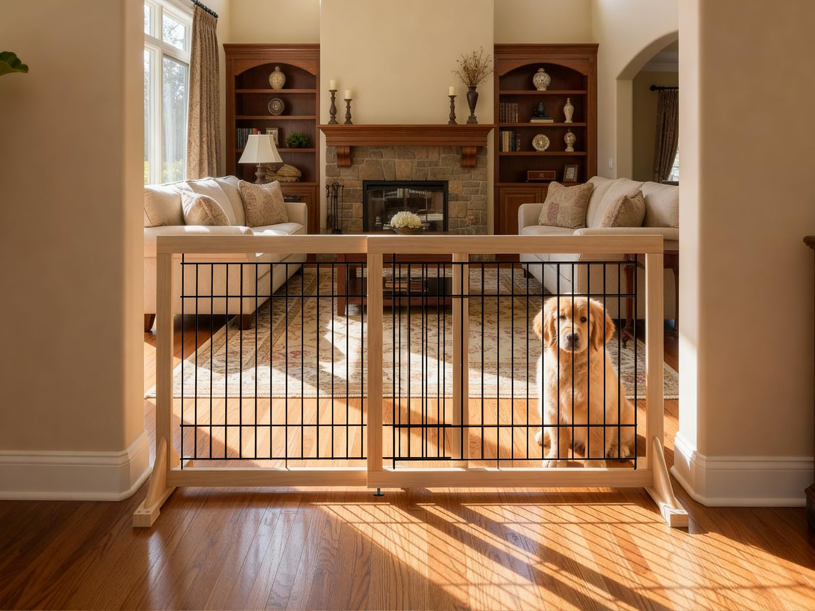 Oapety wood and metal frame gate combines strength and style.