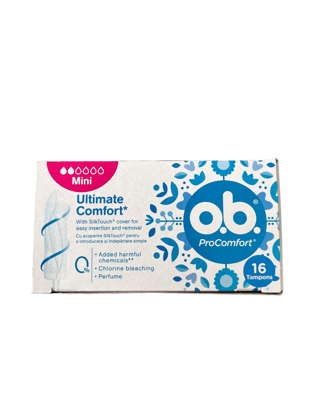 o.b. Comfort Pads Mini 16-piece pack, compact design for discreet, reliable protection.