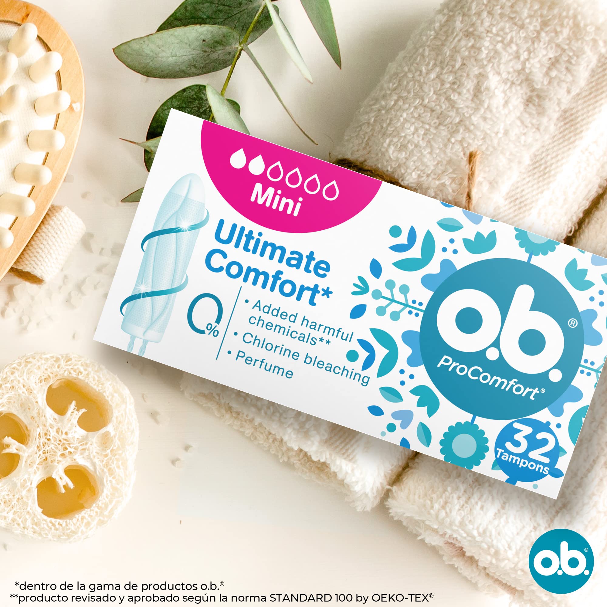 o.b. ProComfort Mini tampons gynecologist-developed and dermatologically tested.