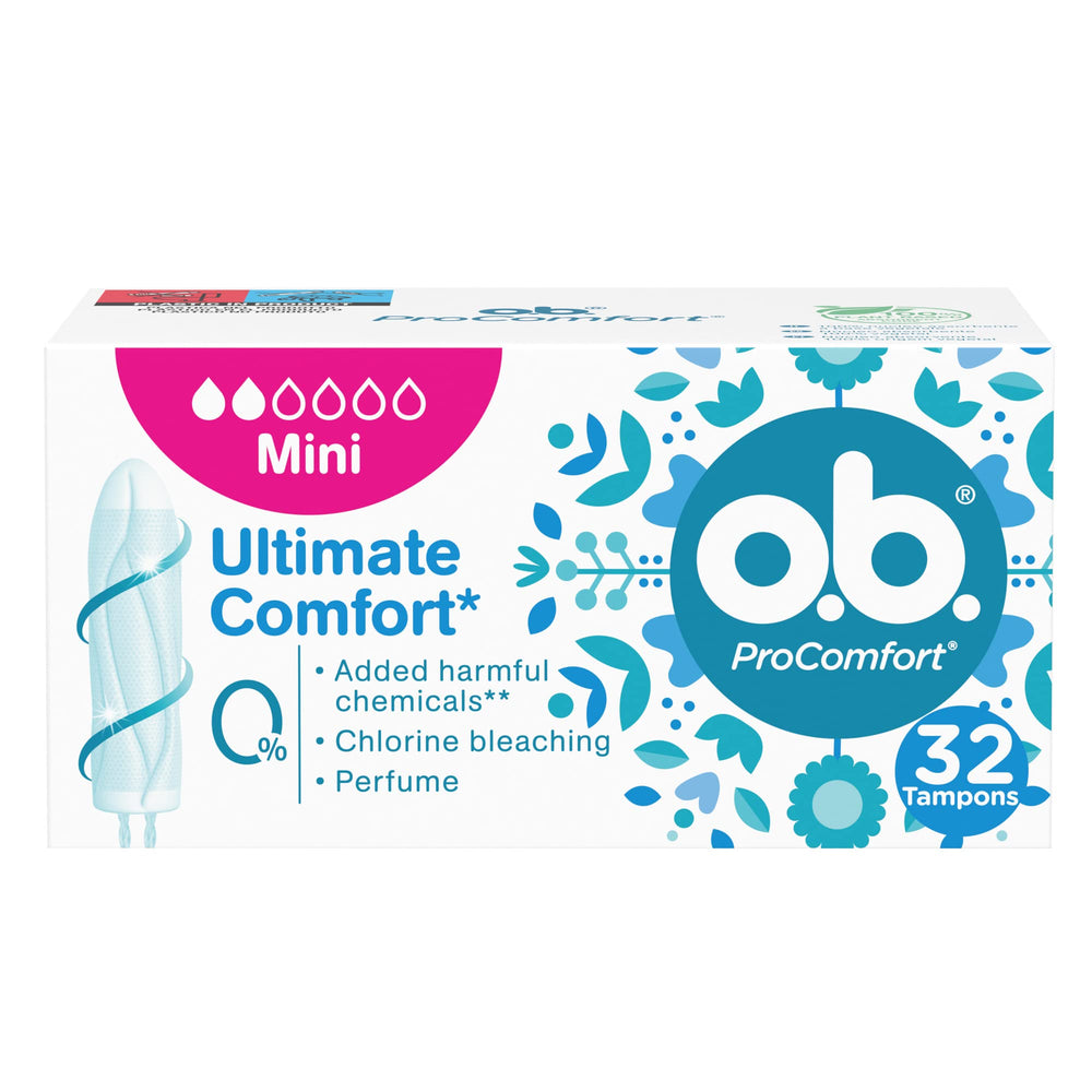 o.b. ProComfort Mini tampons packaging shows discreet storage for travel.