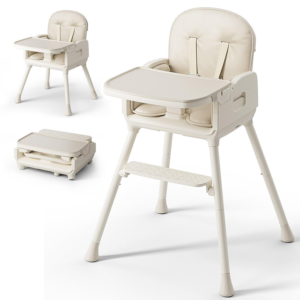 Obee Odee beige high chair folded for compact storage and portability