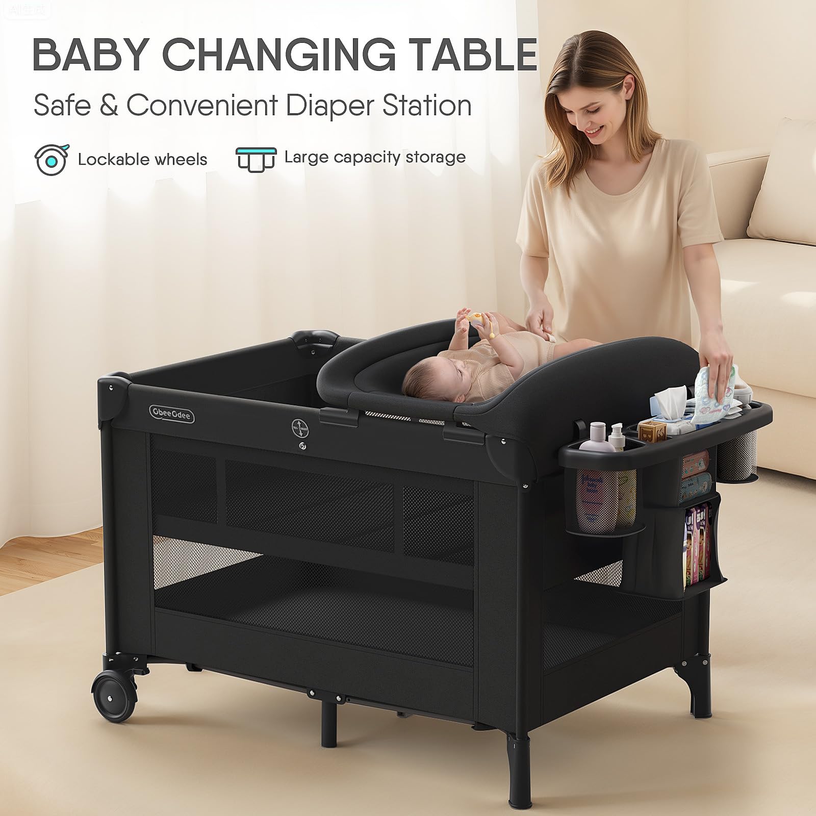 Obee Odee canopy over the bassinet, offering shade and a calm corner.