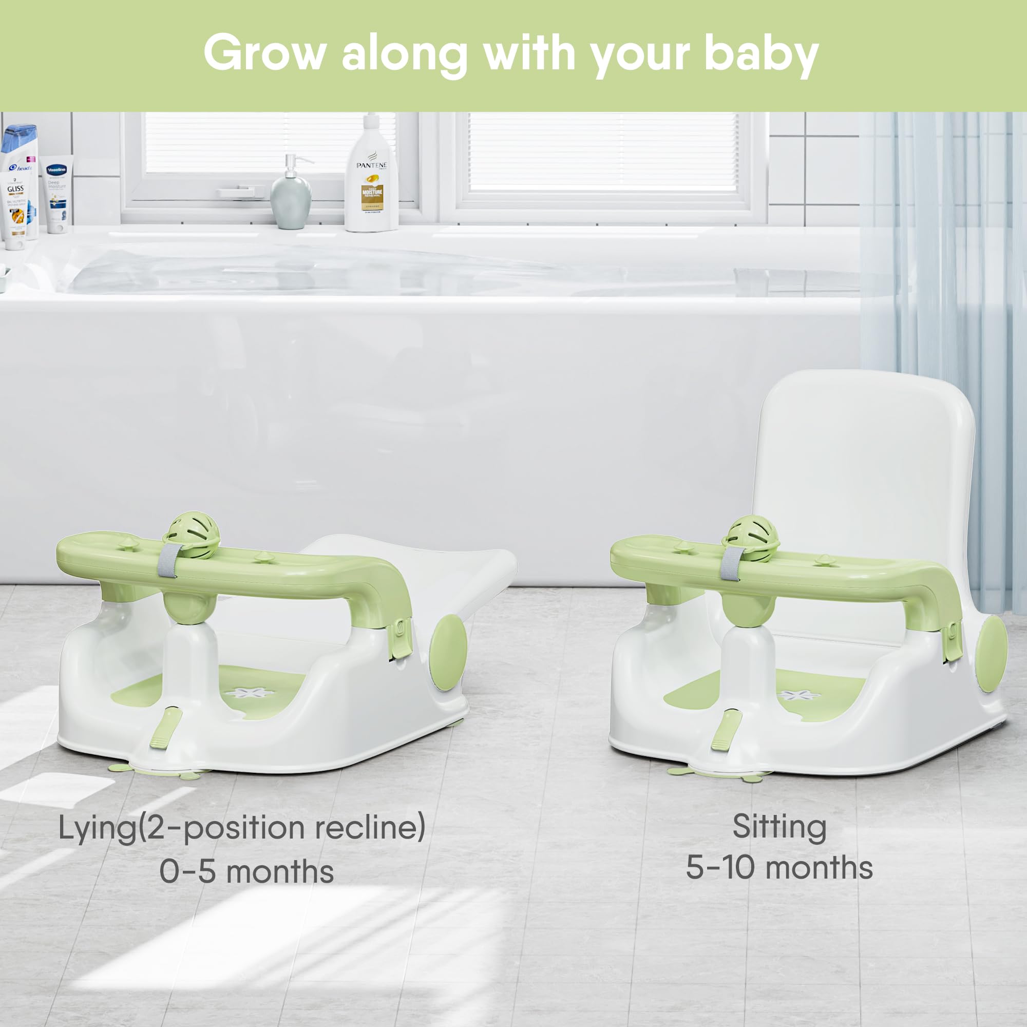 Obee Odee bath seat in half-lying mode for babies not yet upright.