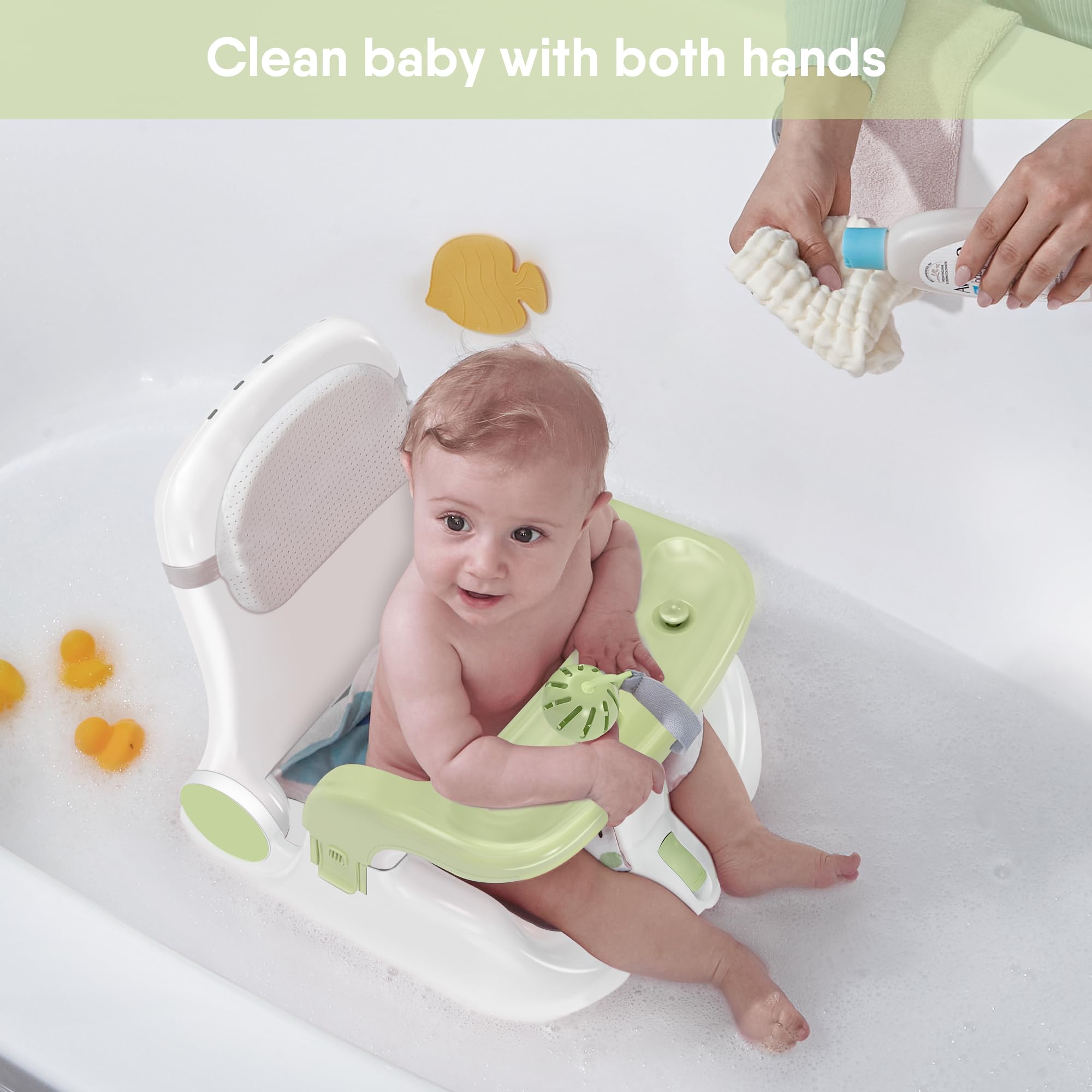 Obee Odee seat shows strong suction cups securing to a smooth tub surface.