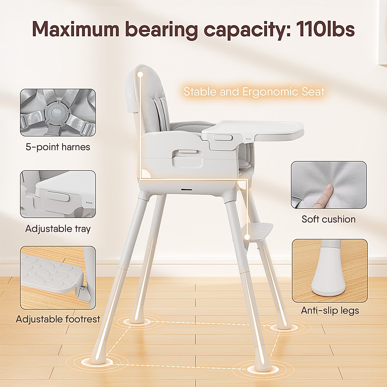 Obee Odee high chair with sturdy reinforced legs for stability.
