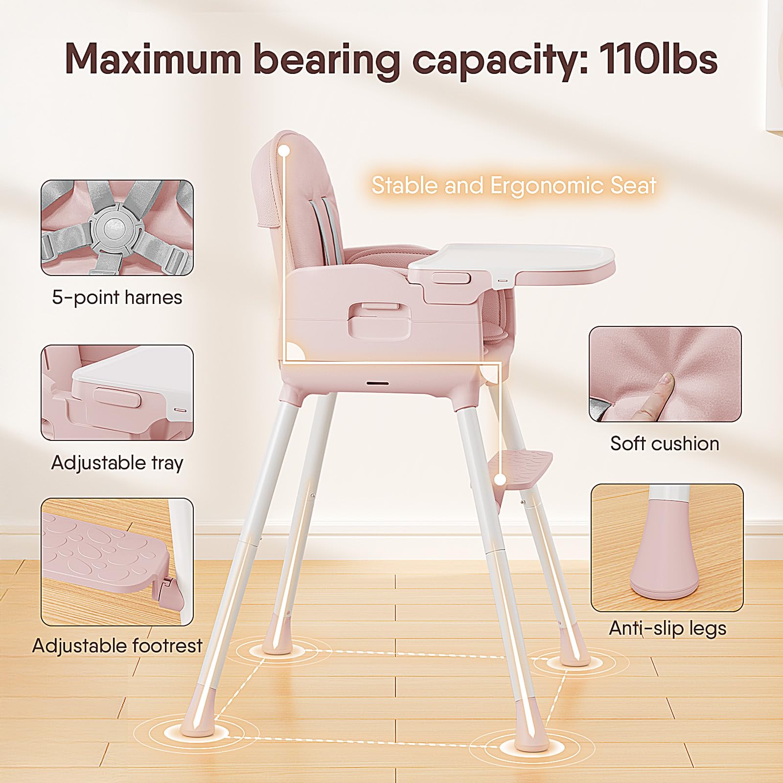 Obee Odee pink chair 5-point harness keeps your child secure.