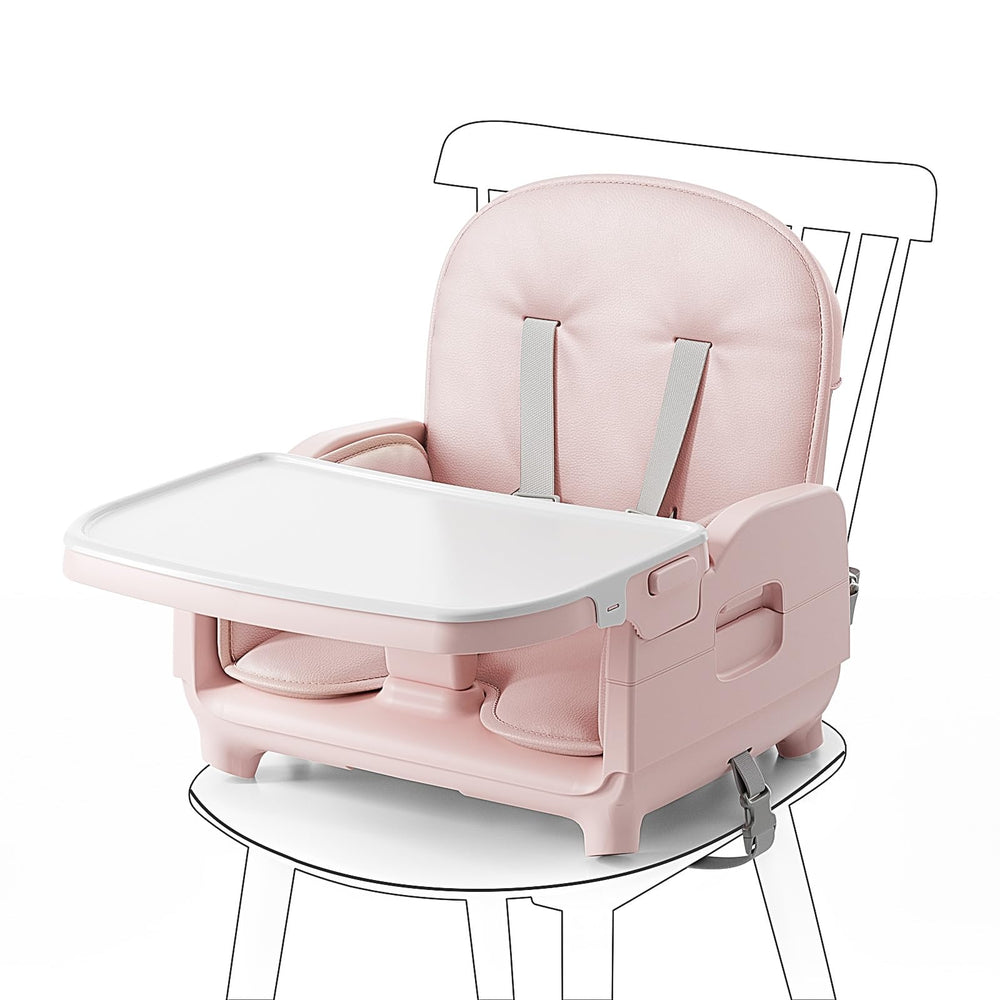Obee Odee pink high chair with 14-inch seat supports growing toddlers.