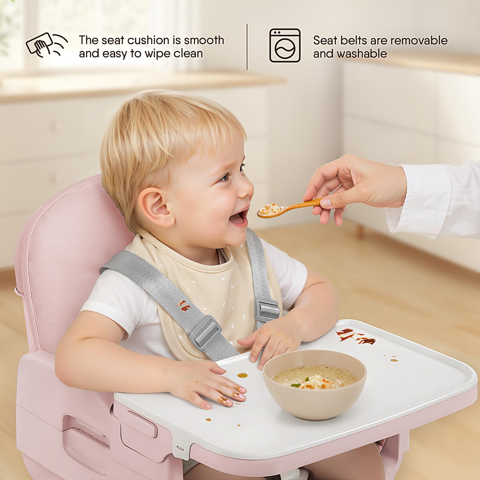 Obee Odee pink belt is removable and machine washable for cleaning.