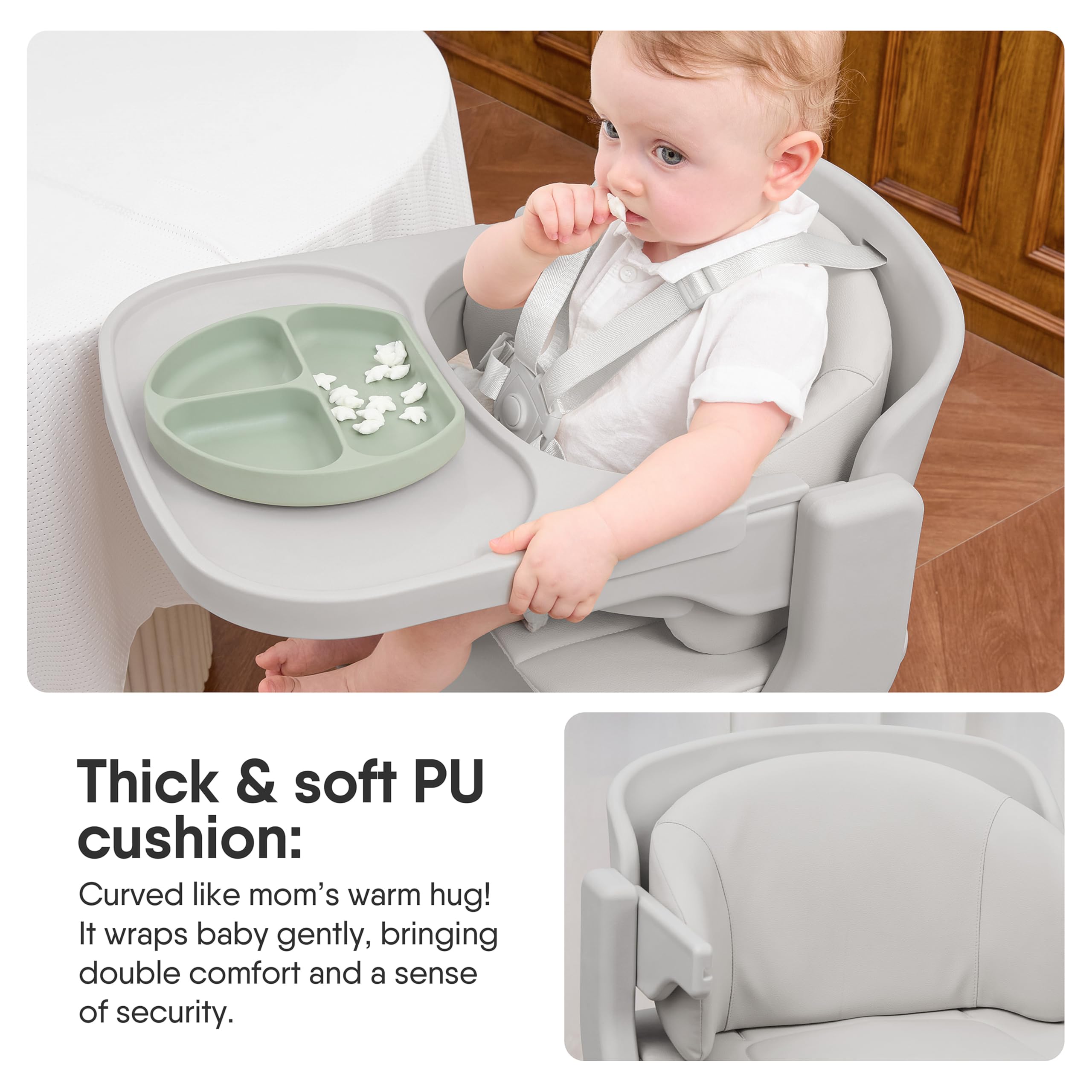 Obee Odee high chair supports up to 220 lb for sturdy long-term use.