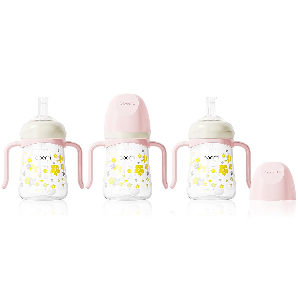 Oberni baby sippy cup 240ml pink full with leak-proof spout for mess-free meals.