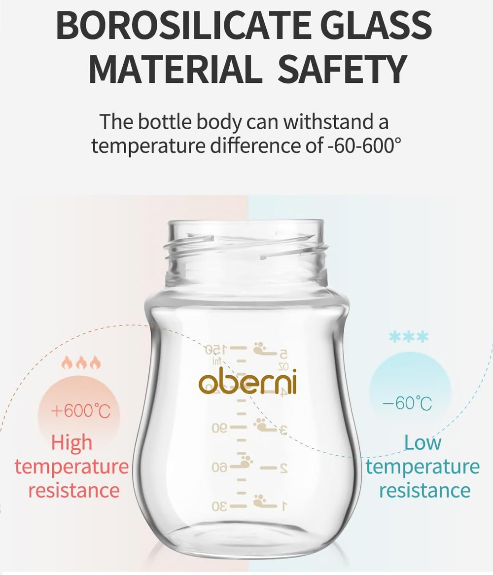 Oberni 5 oz glass bottle with slow-flow, natural-response nipple.