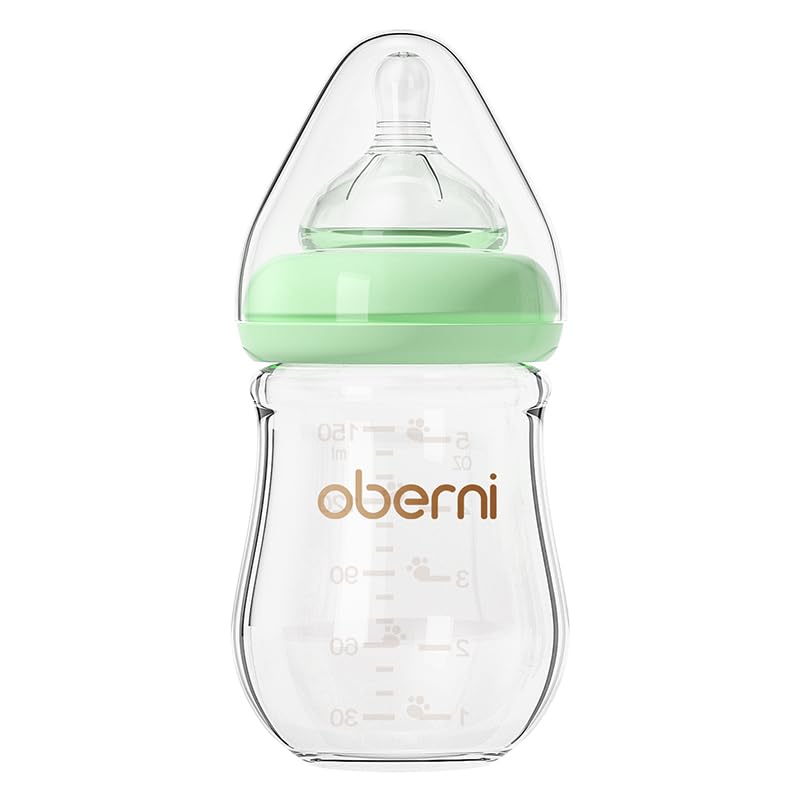 Oberni glass baby bottle green front view showing clear borosilicate glass