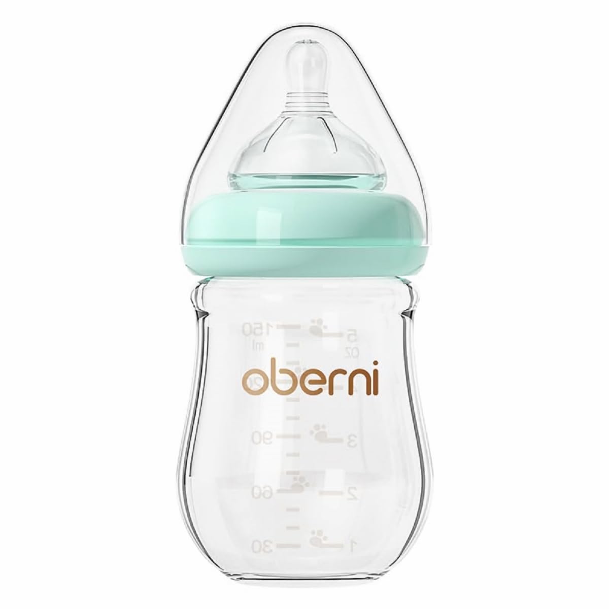 Oberni glass baby bottle with wide neck for easier filling and cleaning.