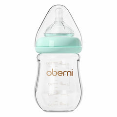Oberni glass baby bottle with wide neck for easier filling and cleaning.