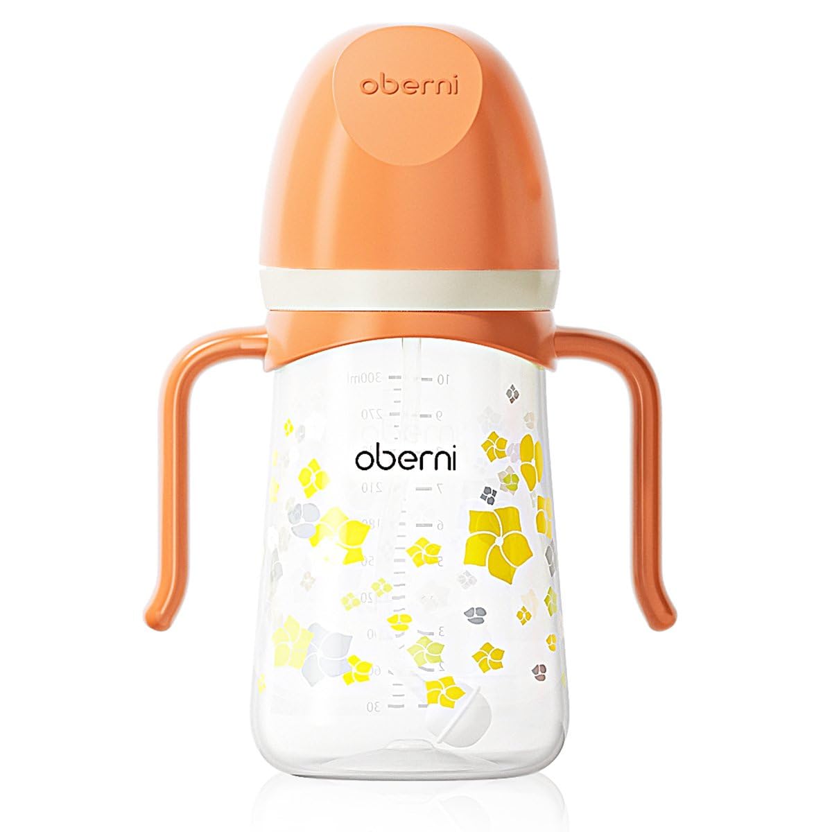 Oberni Toddler Sippy Cup 10oz with orange cap enables spill-free drinking.