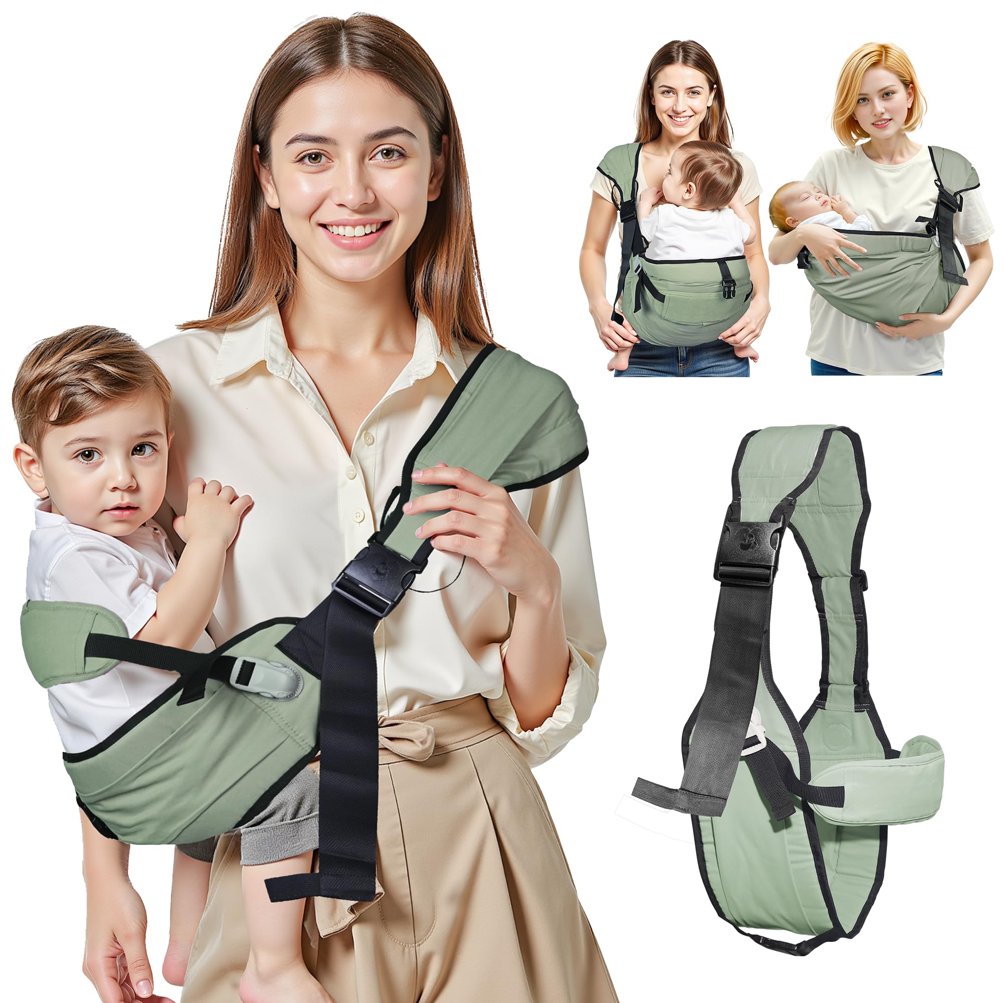 Oblitor baby carrier front view shows adjustable fit for growing babies.