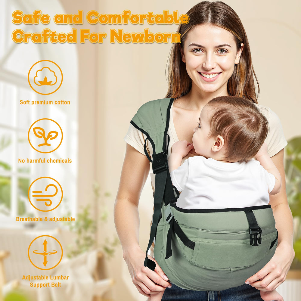 Oblitor baby carrier waist belt secures snugly during use.