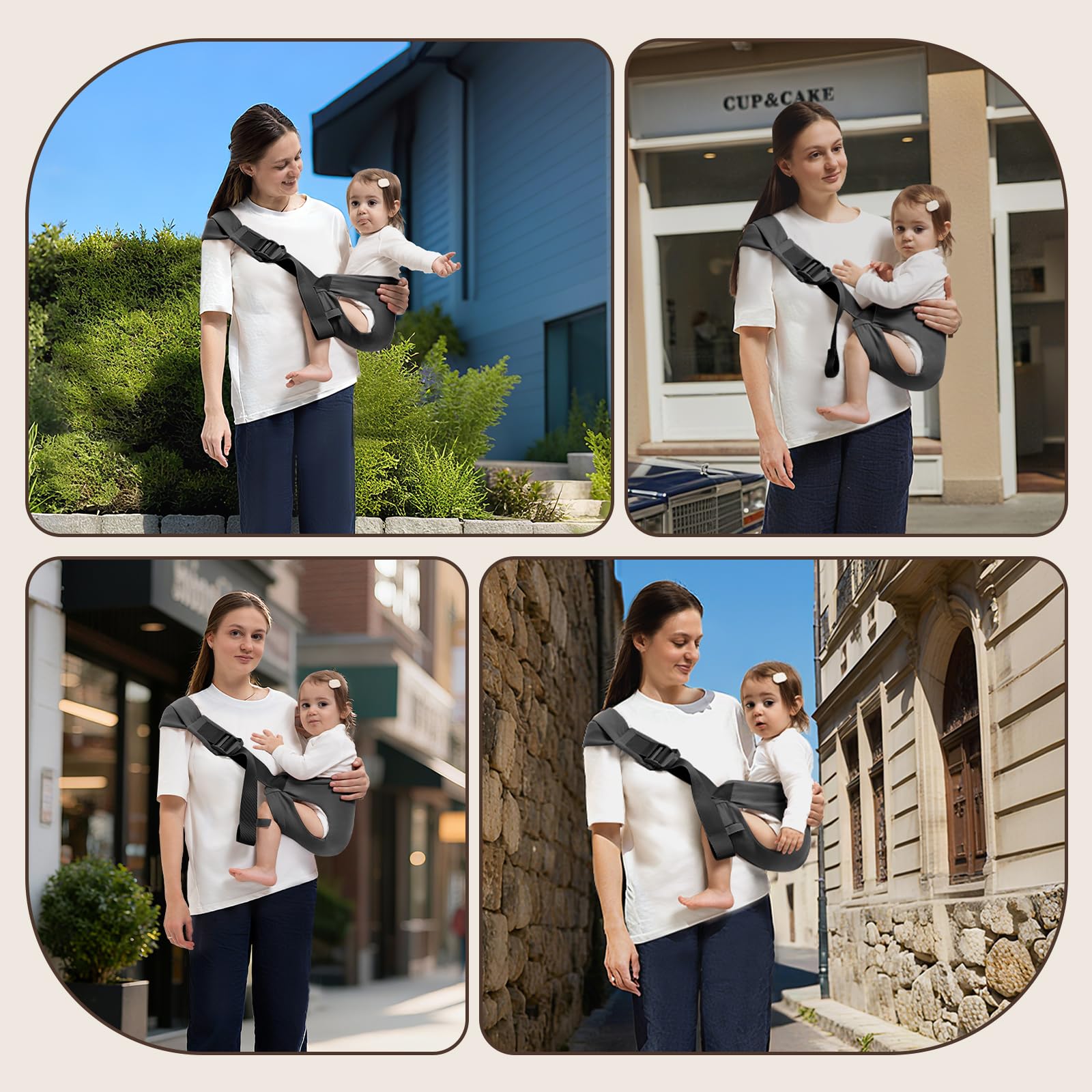 Oblitor toddler carrier being worn securely with ergonomic design
