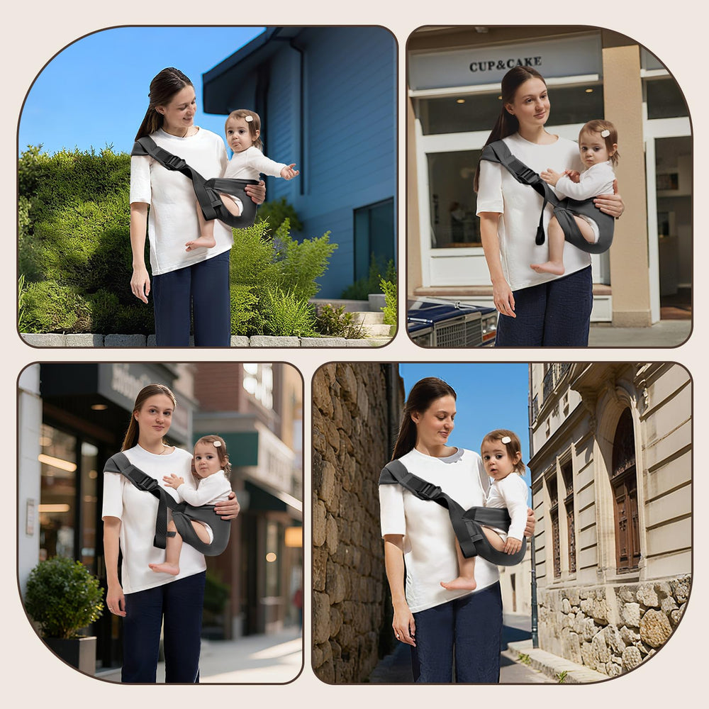 Oblitor toddler carrier being worn securely with ergonomic design