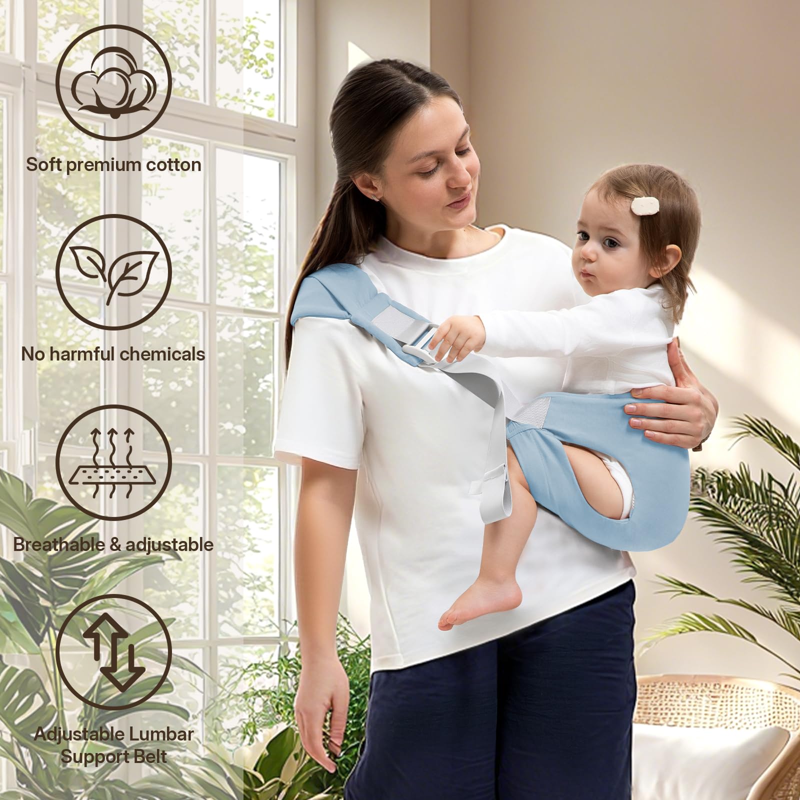Oblitor toddler carrier enables one-handed wear for hands-free daily use.