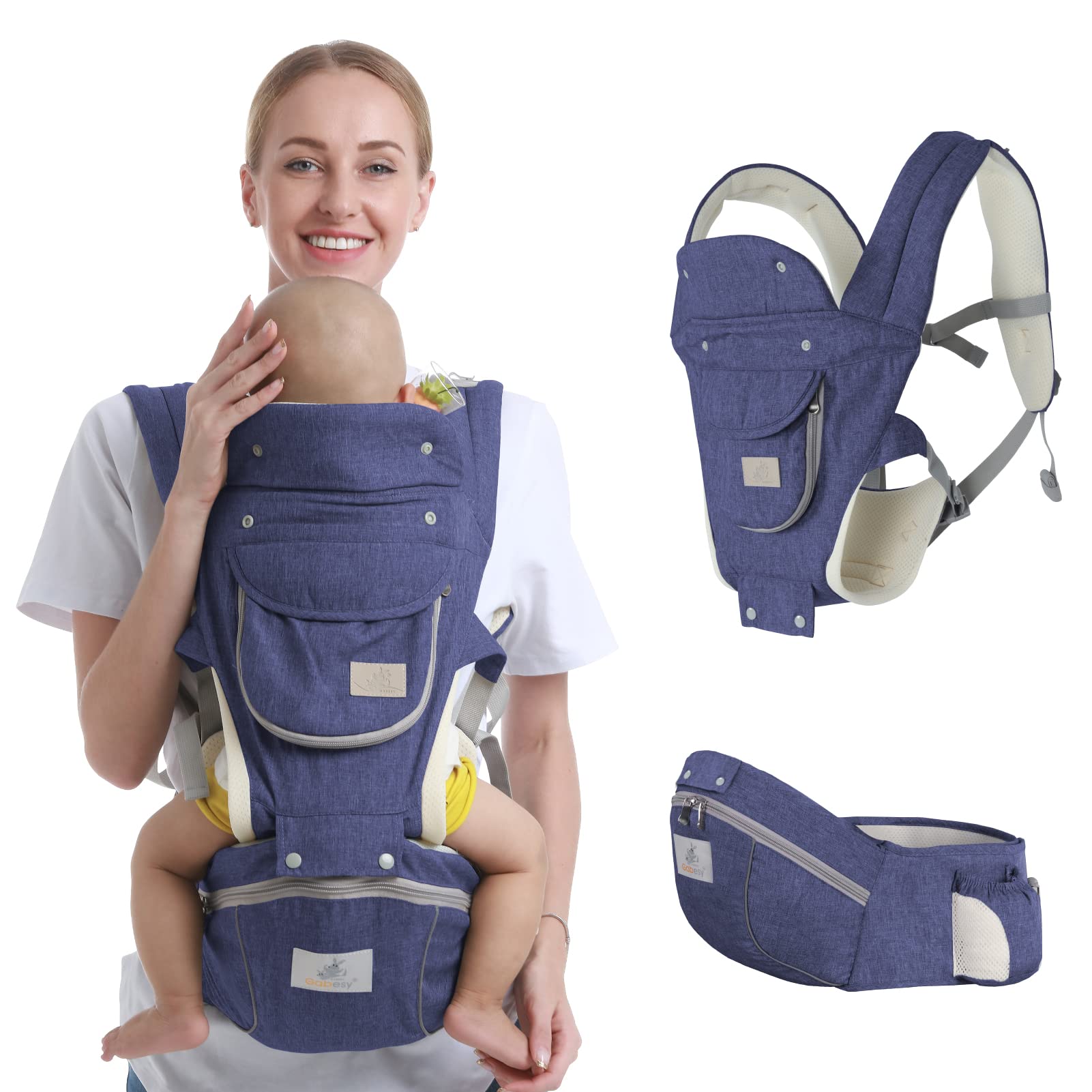 Ocanoiy hip seat carrier, side-worn front view, hands-free versatility for busy days.