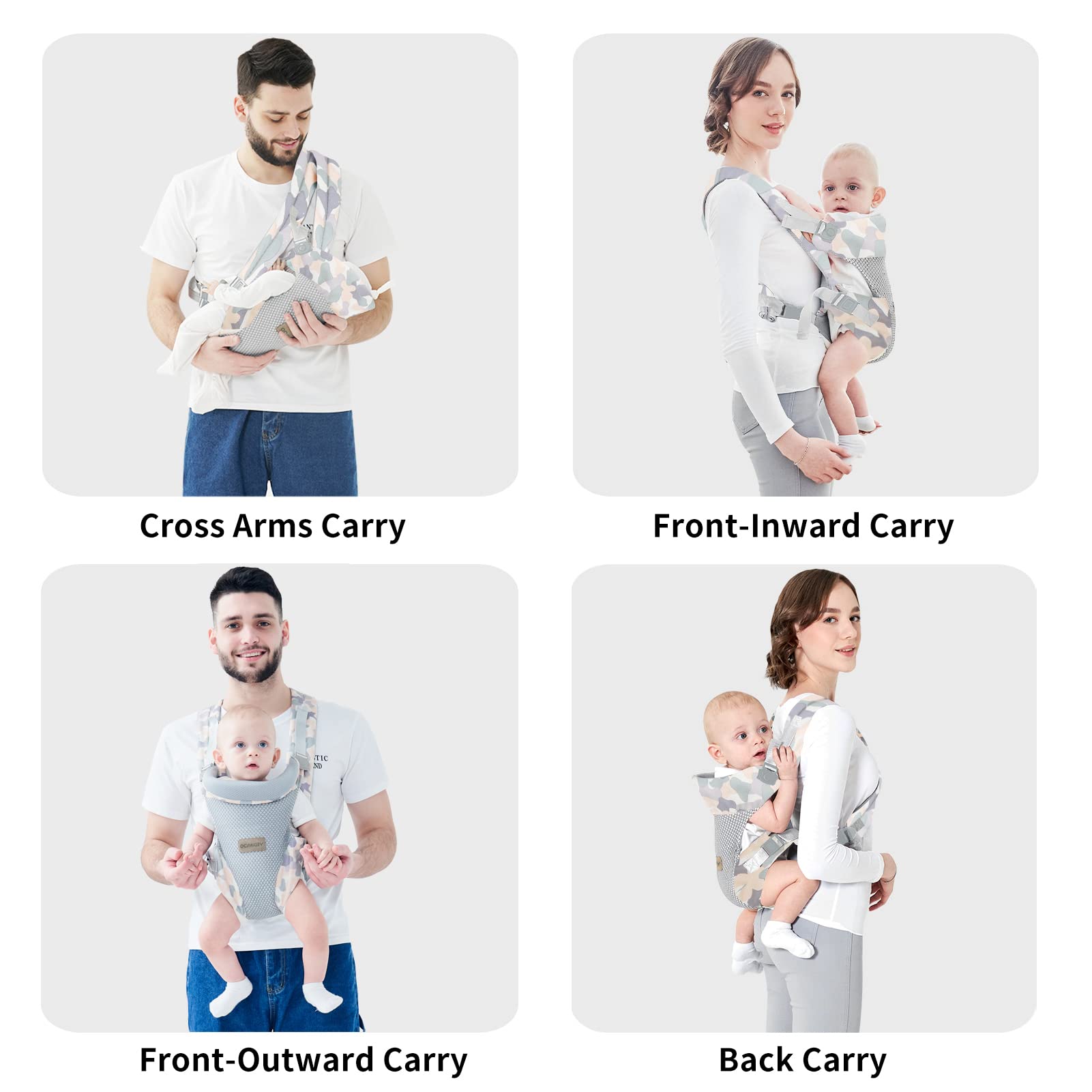 Ocanoiy camouflage wrap in face-out position offers baby curiosity with secure wrapping.