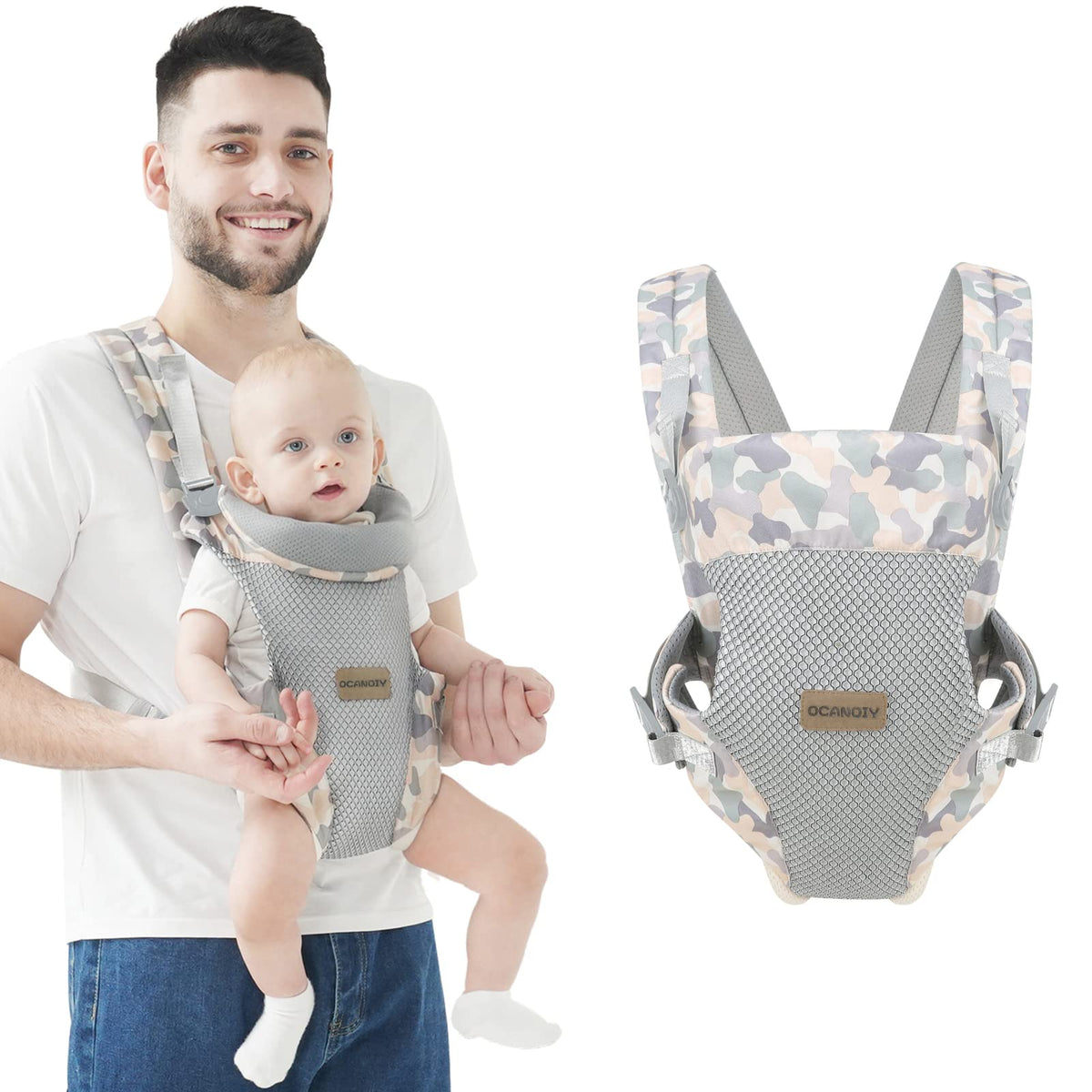 Ocanoiy camouflage baby wrap in front carry provides ergonomic support for baby and parent.