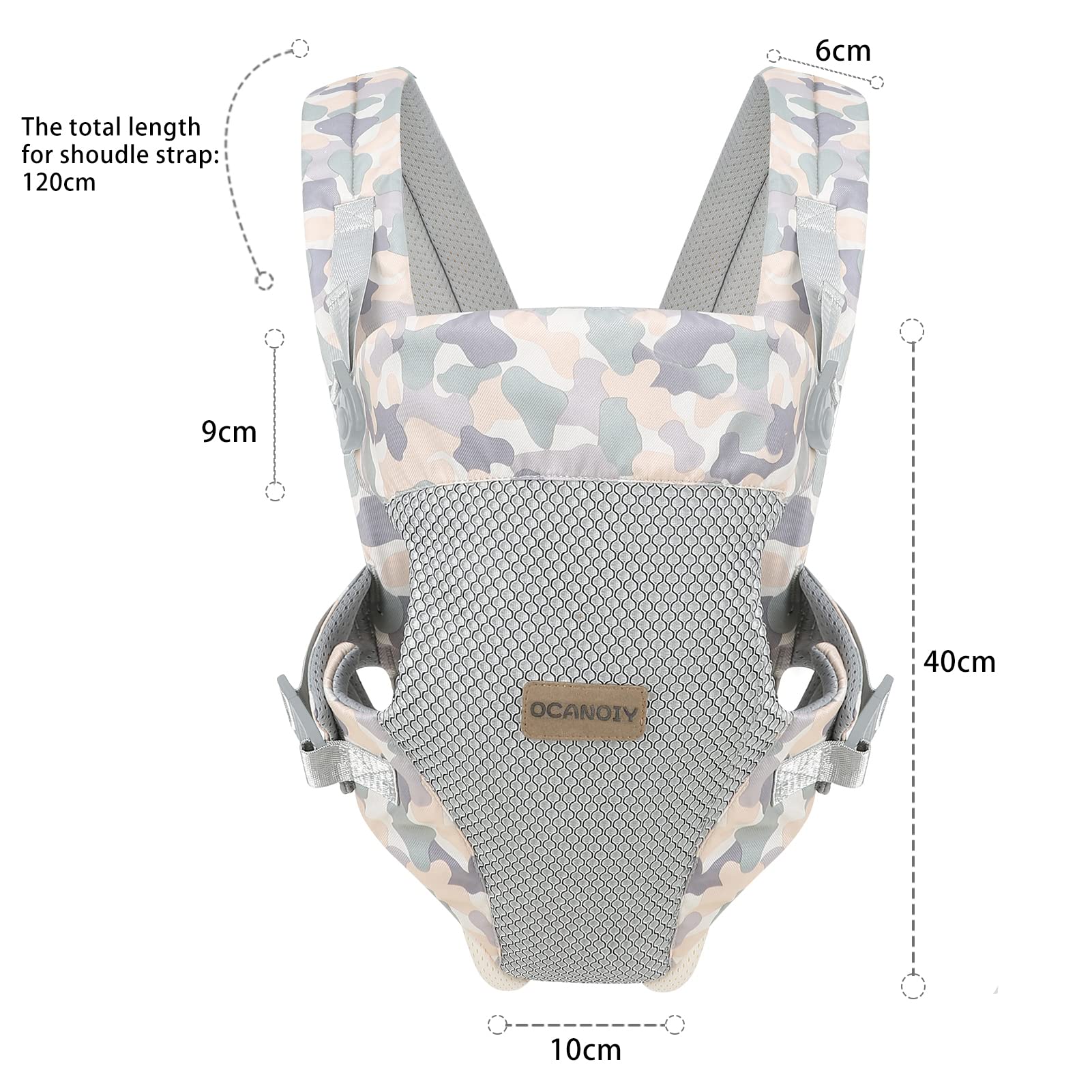 Ocanoiy camouflage wrap one-size design fits from newborn to toddler.