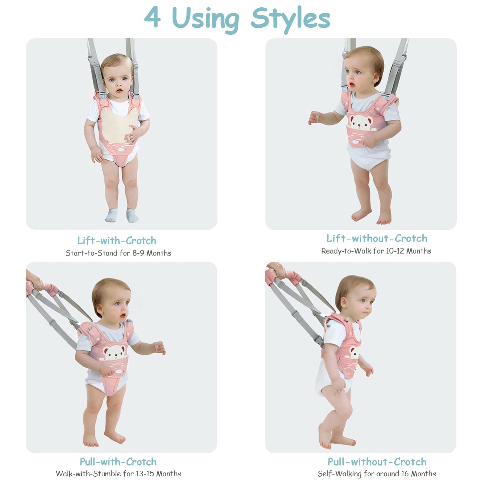 Ocanoiy pink harness worn by toddler learning to stand and move