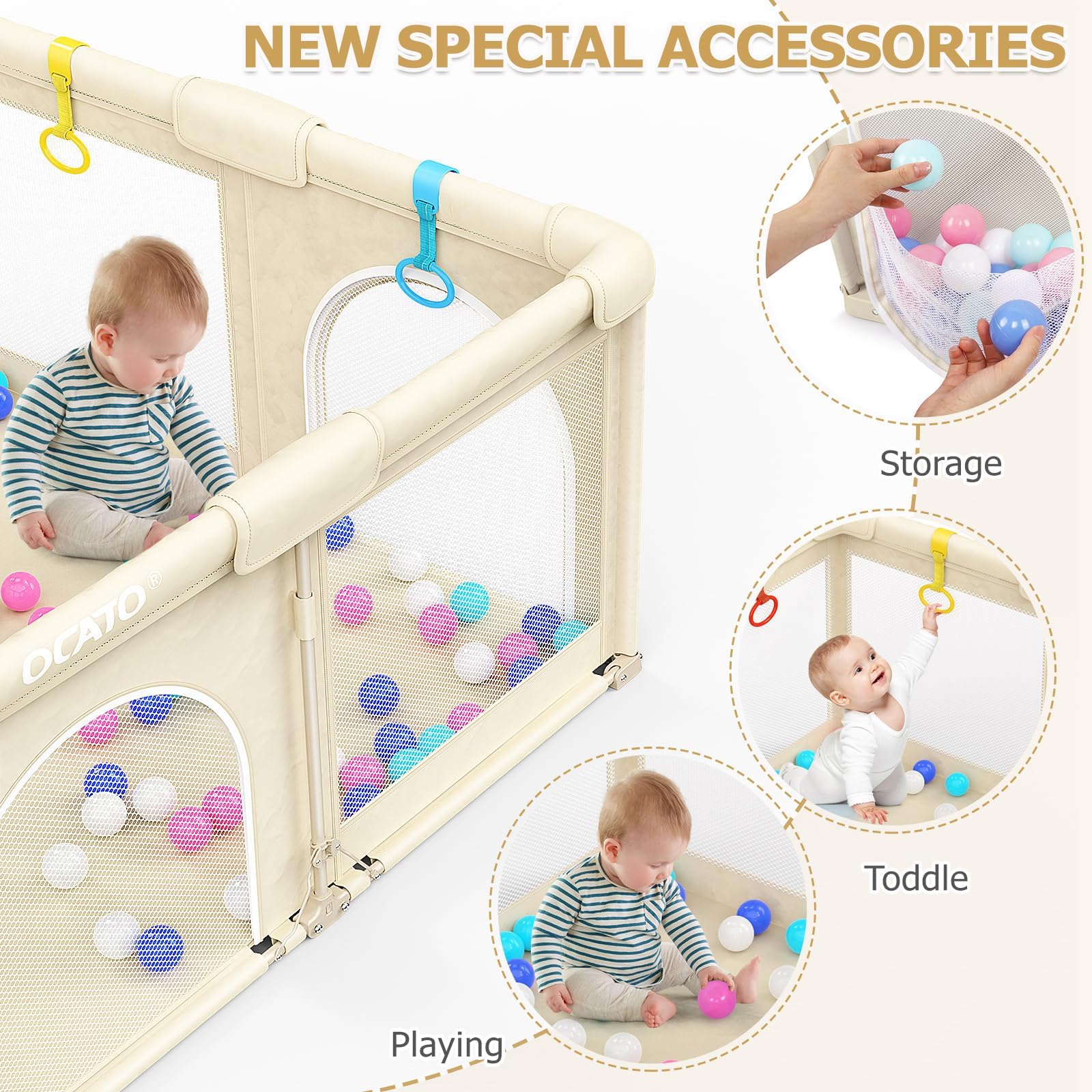 OCATO playpen features breathable mesh for 360° visibility and airflow.