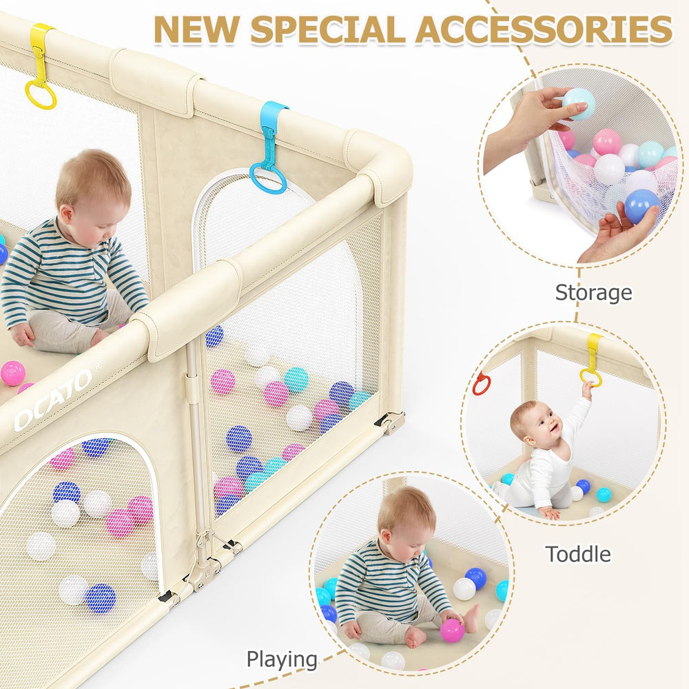 OCATO playpen features breathable mesh for 360° visibility and airflow.