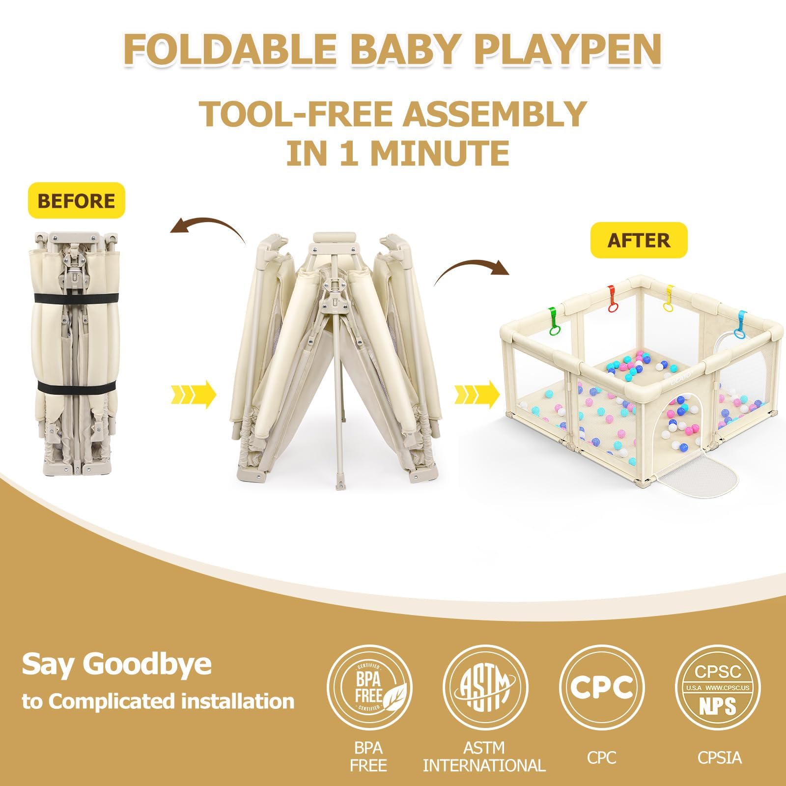 OCATO foldable playpen folded for compact storage in small spaces.